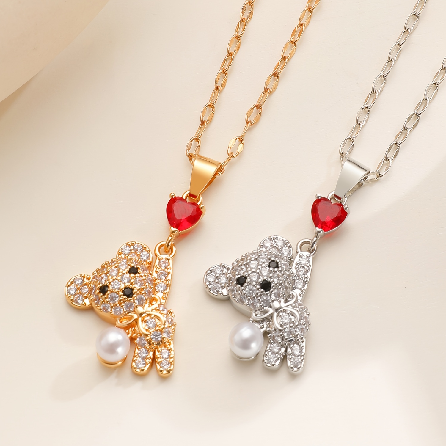 Women's Cute Heart Rhinestone Bear Pendant Necklace
